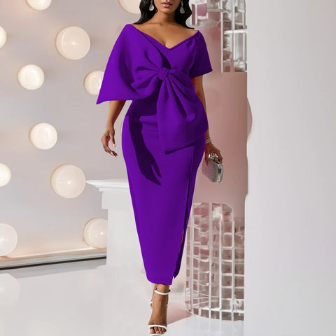 Sonicelife Evening Dresses for Women Party Long Dress Sexy Slim Fit Tight Waist Bows Splicing V Neck Solid Colour Split Vestidos Summer
