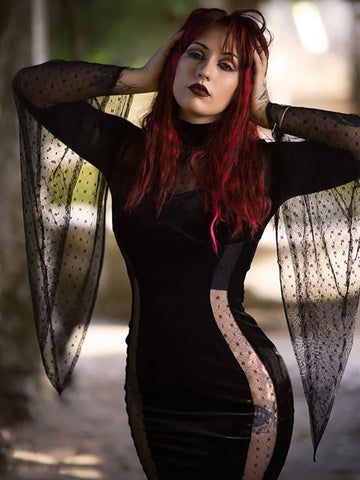 Sonicelife Women's Gothic Short 2024 Dark Design Flared Sleeve Polka Dot Mesh Patchwork Witch Sleeve Dress Women