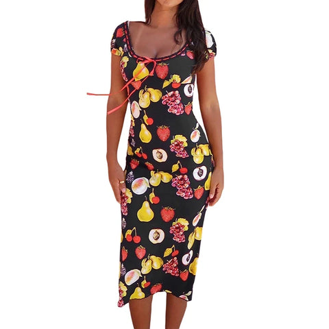 Sonicelife Vintage Elegant Wrap Bodycon Cocktail Dress Fruit Print Midi Dress Women Short Sleeve O Neck Tie-up Long Dress for Street Party