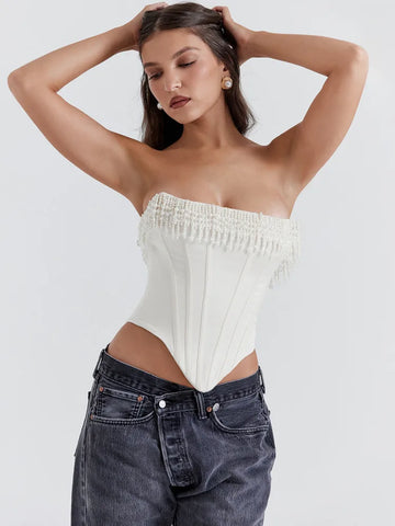 Sonicelife Pearl Tassel Sexy Crop Tops Women Off-shoulder Backless Skinny Corset Tops Femme Satin Fashion Club Party Tops Mujer