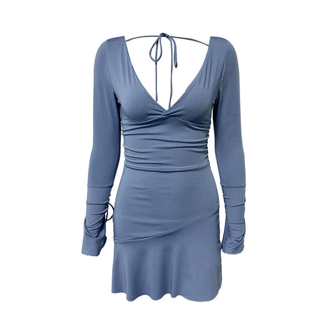 Sonicelife hoco dresses-Women's Summer Elegant Solid Color Flare Long Sleeve Deep V-Neck Ruffled Tie Back Bodycon Backless Mini Mermaid Dress