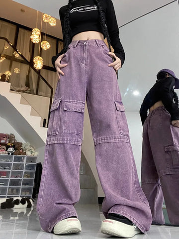 Sonicelife Oversize American High Waisted Cargo Pants for Women Y2k Loose Wide Leg  2024 Autumn New Multiple Pockets Trousers