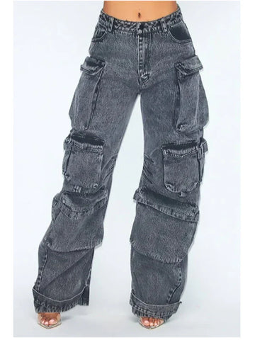 Sonicelife American Street Workwear Multi-Pocket Heavy Lndustry Design Jeans Female Y2K Gothic Fashion Punk Style Loose Floor Wide-leg Pant