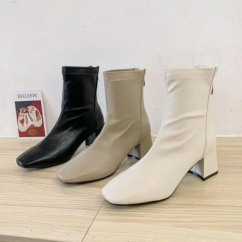 Sonicelife New Winter Square Toe Woman Zippers Ankle Boots Ladies Elegant Thick High Heel Short Boots Shoes Women's Botas De Mujer 2024