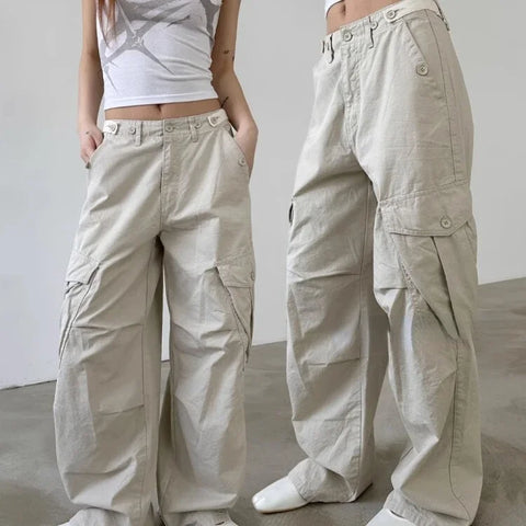 Sonicelife Multiple Pockets Straight Trousers Women 2024 Summer Loose Thin Cargo Pants Y2k Grunge High Waist Casual Wide Leg