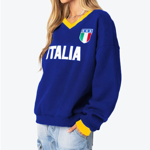 Back To School Sonicelife Y2k Gothic Hip Hop Pullover Hoodies Women Punk V-neck Hooded 2024 Autumn New ITALIA Letter Loose Long Sleeve Oversize Sweatshirt