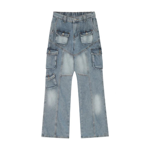 Sonicelife 2023 American New Y2K Retro Low-Waisted Tooling Multi-Pocket Women Jeans Spring And Autumn Straight Casual Loose Wide-Leg Pants