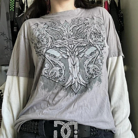 Sonicelife 2000s Retro Mall Goth Graphic Print Loose Tops Cyber Y2K Grunge Vintage Oversize T-shirt Fake 2 Pice Patchwork Long Sleeve Tees