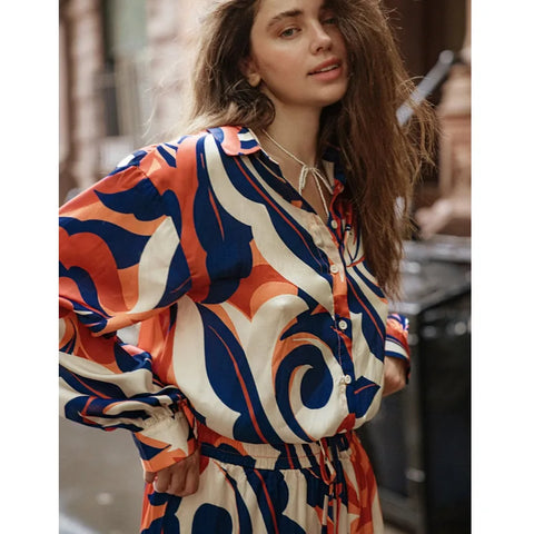 Sonicelife Printing Wide Leg Pants Women Pant Sets Casual Matching Sets Button Loose Ankle Length Tracksuit Single Breasted Blouses