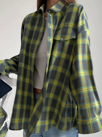 Sonicelife Aynaray 2024 Autumn Winter Women Vintage Oversized Plaid Shirt Long Sleeve Thick Loose Fit Blouse For Woman
