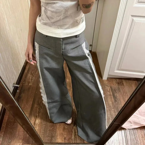 Sonicelife Sweet Lace Patchwork Grey Suit Pants for Women 2024 Fashion New Loose Wide Leg  Y2k High Waist Straight Trousers Mujer