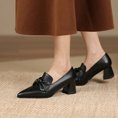 Sonicelife NEW Spring/Autumn Women Pumps Genuine Leather Shoes for Women Pointed Toe Chunky Heel Shoes Concise Butterfly-knot Modern Shoes