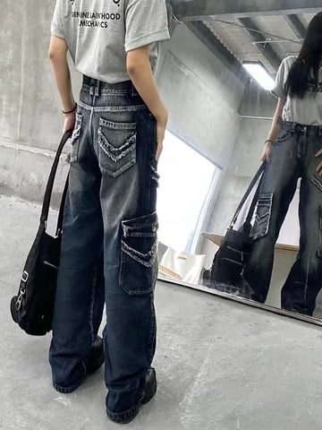 Sonicelife American Retro Street Washed Blue Jeans for Women Y2k Grunge High Waist Loose Trousers 2024 Spring Straight Wide Leg Pants