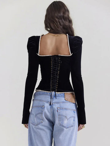 Sonicelife Square Collar Backless Bandage Sexy T-shirt Women Autumn Winter New Black Shoulder Pad Sleeve Skinny Sexy Party Tops