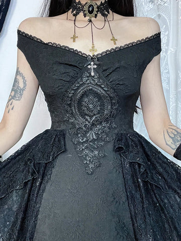 Sonicelife Women's Gothic Dress Short New Fashion Diablo Style Music Festival Flutter Belt Splicing Design Lace Shrink Puffy Hem Dresses