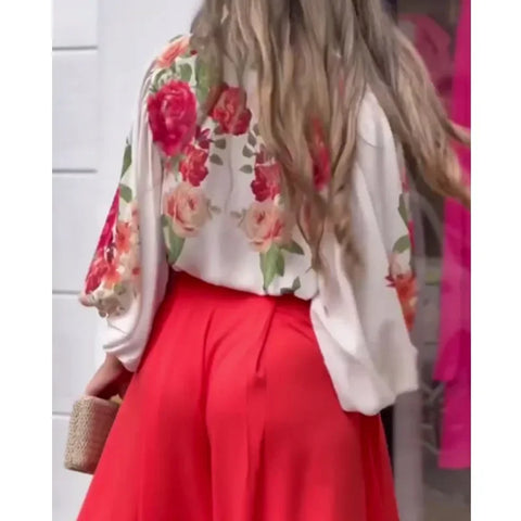Sonicelife Women Print Wide Leg Pants 2 Piece Set Casual Loose Lantern Sleeve Shirts Legs Suit High Waist Trouser Female Blouse Suits