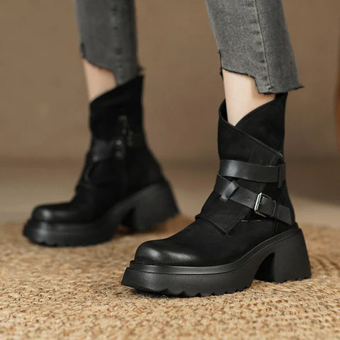 Sonicelife NEW Autumn Boots Women Genuine Leather Round Toe Platform Boots Belt Buckle Casual Boots Solid Thick Heel Short Boots for Women