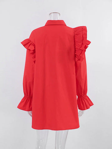 Sonicelife hoco dresses 2024 Winter Spring Women Solid Red Mini Shirt Dress Office Ladies Ruffles Long Sleeve Loose Fit Dress For Women