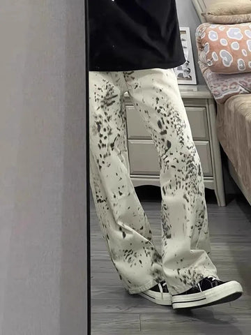 Sonicelife American Retro White Leopard Print Denim Pants Y2k E-Girl High Waist Straight Trousers 2024 Summer New Loose Wide Leg Jeans