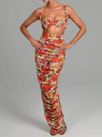 Sonicelife Floral Spaghetti Straps Bra Top and Skirt Set