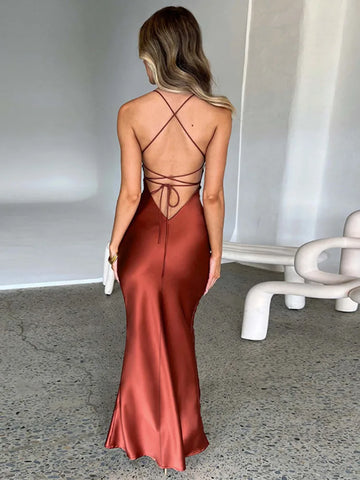 Sonicelife Satin Backless Maxi Dress For Women 2024 Autumn New Spaghetti Strap Sleeveless Bodycon Long Dress Vestido Clubwear