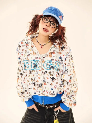 Black Friday Sonicelife Y2k Cartoon Dog Zip Up Hoodie Women Kawaii Print Long Sleeve Patchwork Sweatshirts American Retro Autumn Winter Clothes