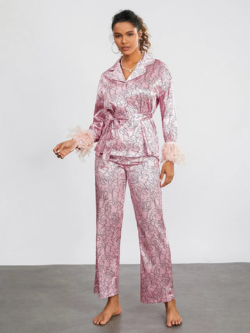 Sonicelife Women’s Pajama Sets Floral Print Satin Lounge Wear Outfit Spring Summer Feathers Trim Long Sleeve Kimono Robe Tops+Pants