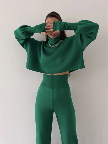 Sonicelife High Neckline Crop Top with Trousers Set