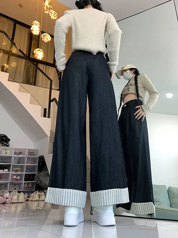 Sonicelife Oversize Patchwork Striped Jeans for Women Spring Autumn New Straight Ankle-Length Pants Y2k High Waist Loose Wide Leg