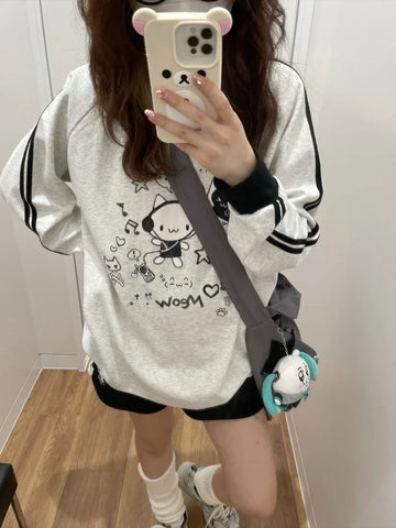 Black Friday Sonicelife Anime Cat Print Hoodies Women Kawaii Kitty Long Sleeve Sweatshirt Oversized Streetwear Stripe Grey Autumn Winter Clothes