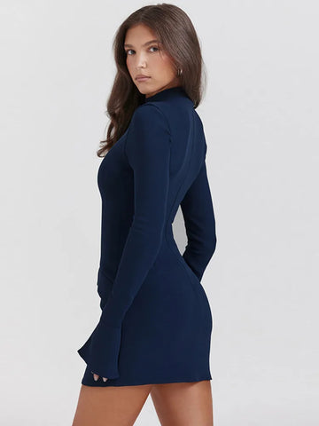 Sonicelife Dark Blue Two Pocket Sexy Mini Dress For Women 2024 Autumn Winter New Long Sleeve Bodycon Club Party Dress Elegant