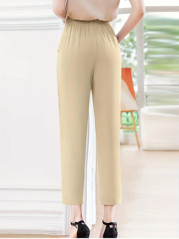 Sonicelife Summer new elastic waist leisure solid color cigarette tube elastic summer dress foot nine points pants for women