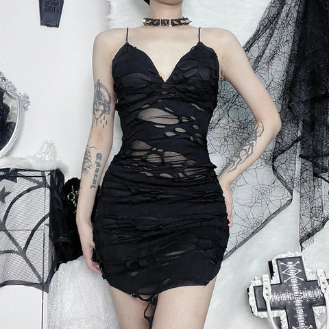 Sonicelife Women's Gothic Style Dress Sexy Slightly Transparent Short Skirt Women's Dark Ragged Wind Slim Split Package Hip Sling Dress
