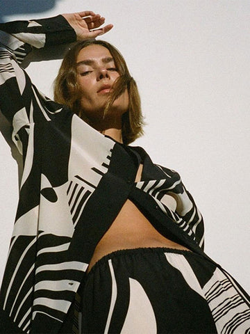 Sonicelife Black and White Long Sleeve Shirt and Wide Leg Trousers Set