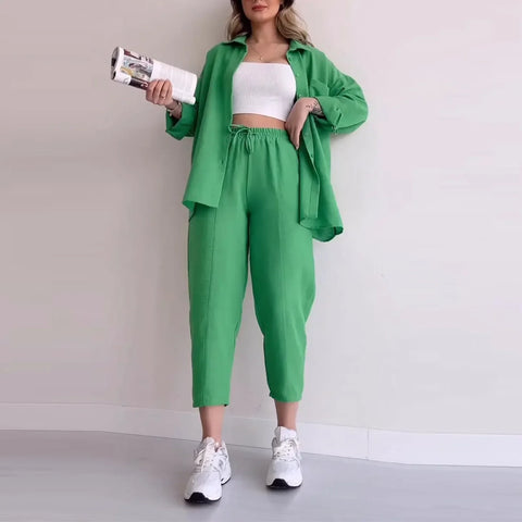 Sonicelife Pant Sets Women Solid Two Pieces Set Long Sleeve Cropped Button Shirt Loose Wide Leg Trouser Work Sporty Suits Y2k Streetwear