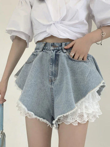 Back To School Sonicelife Blue Lace Denim Shorts Women Y2k Fashion Loose High Waist Korean Style Causal A-line Jeans Streetwear Retro Summer Pants