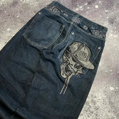 Sonicelife Y2k Hip Hop American Wide Leg Pants Gothic Zipper Skull Embroidered Jeans Men Harajuku Vintage High Waist Casual Jeans Unisex