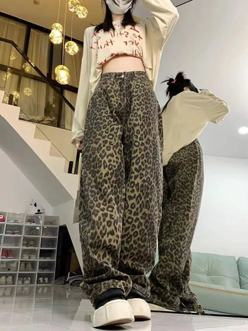 Sonicelife Vintage Street Leopard Print Straight Jeans for Women Y2k High Waist All-match Denim Pants 2024 New Loose Wide Leg Pants