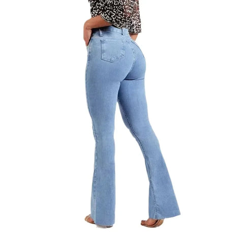 Sonicelife Women Jeans Flare Pants Denim Washing Loose Fit Bootcut Pockets High Street Slight Strech Solid Full Length Spring 2024