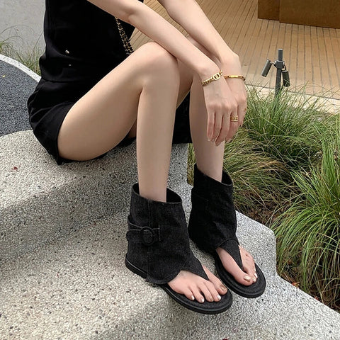 Sonicelife NEW Summer Boots Open Toe Low Heel Women Sandals Cotton Fabric Shoes for Women Pinch Toe Cool Boots Casual Belt Buckle Shoes