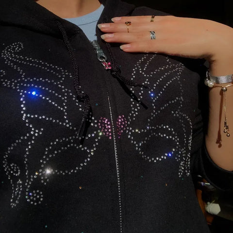 Back To School Sonicelife Y2k Rhinestone Butterfly Zip Up Oversized Sweatshirt Women Fashion Casual Long Sleeve Hoodies Goth Punk Hooded Jacket Streetwear