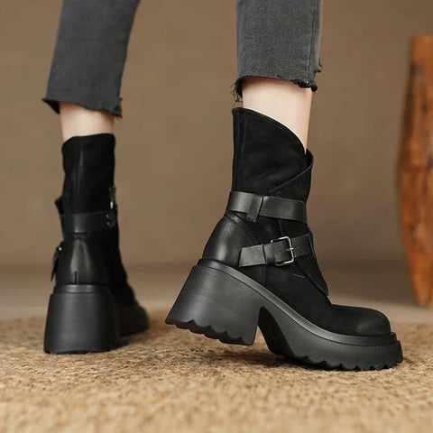 Sonicelife NEW Autumn Boots Women Genuine Leather Round Toe Platform Boots Belt Buckle Casual Boots Solid Thick Heel Short Boots for Women