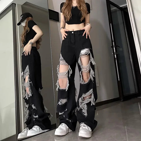 Sonicelife Vintage Hole Hollow Out Black Jeans for Women Y2k E-Girl High Waist Straight Denim Pants 2024 Summer New Loose Wide Leg