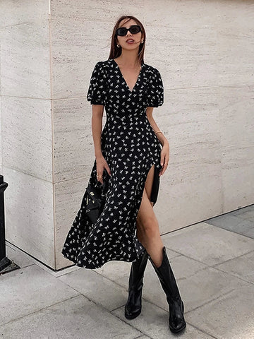 Sonicelife Spring Summer Holiday Floral Printed Flare Dress Vacation V-neck Short Sleeve Midi Dress For Women