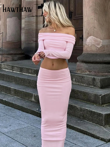 Sonicelife Women 2024 Spring Autumn Long Sleeve Crop Tops Long Skirts Two Piece Matching Sets Outfits Wholesale Items For Business