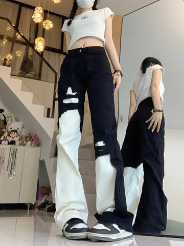 Sonicelife Trend Street Black White Denim Pants Women Y2k E-Girl High Waist Irregular Trousers Summer Loose Straight Wide Leg  Jeans