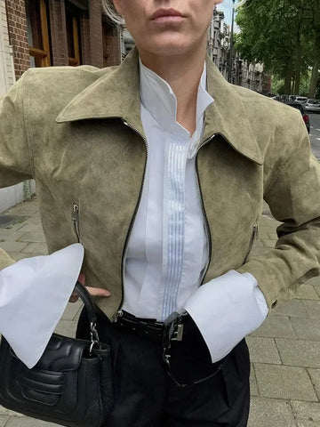 Sonicelife Women's Solid Color Lapel Chic Suede Short Jackets Casual Long Sleeved Zipper Pocket Coats Autumn New Ladies Street Outerwears