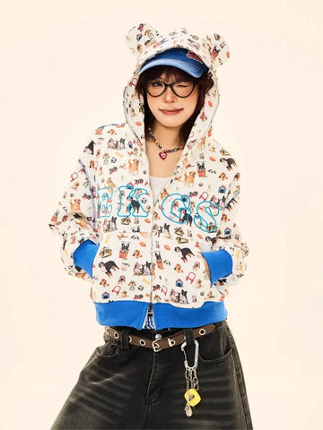 Black Friday Sonicelife Y2k Cartoon Dog Zip Up Hoodie Women Kawaii Print Long Sleeve Patchwork Sweatshirts American Retro Autumn Winter Clothes