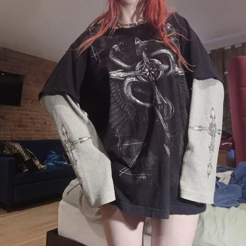 Sonicelife 00s Vintage Emo Y2K Cyber Grunge T-shirt E Girl Gothic Baggy Layered Tee Patchwork Long Sleeved Pullovers Top Skater Streetwear