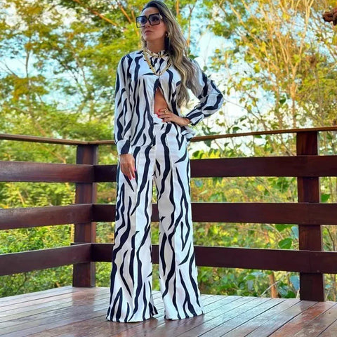 Sonicelife Floral Shirt and Wide Leg Pants Set